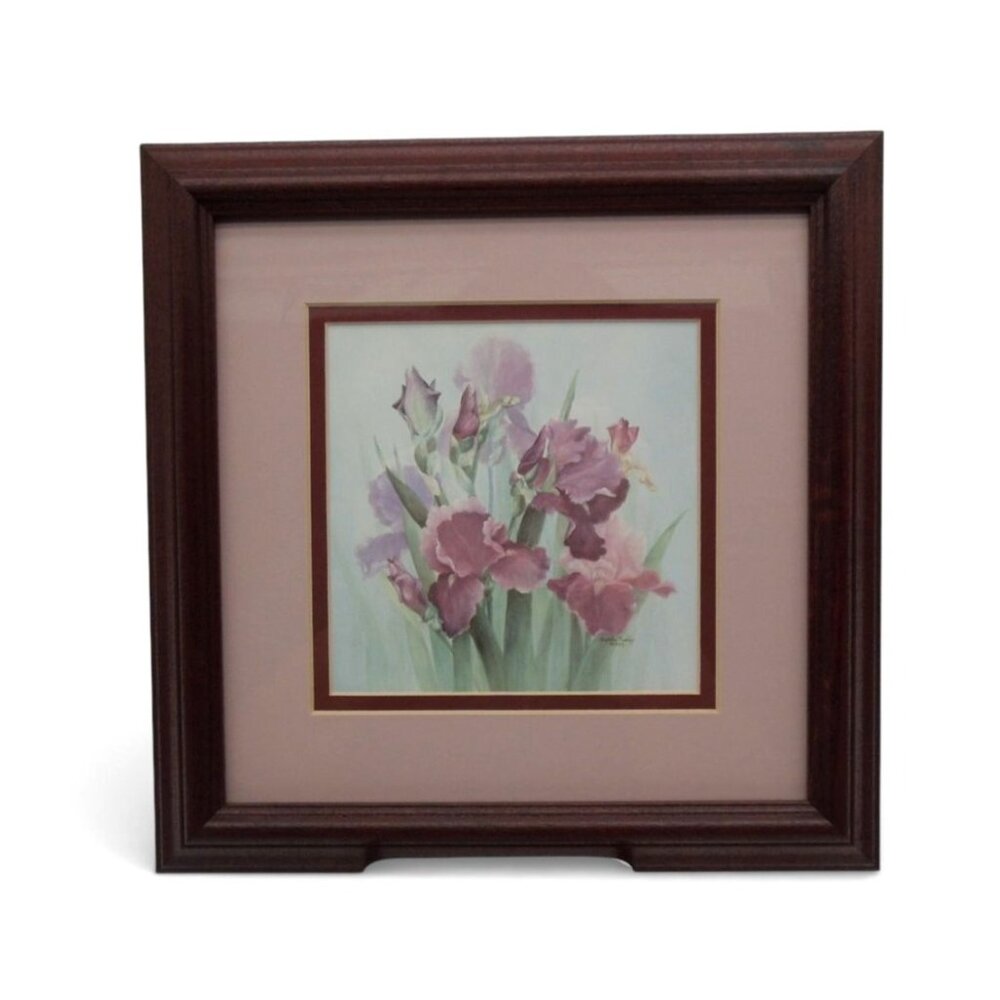 Glynda Turley 1989 Framed Iris Floral Art Print Wood Frame 80s Vintage
